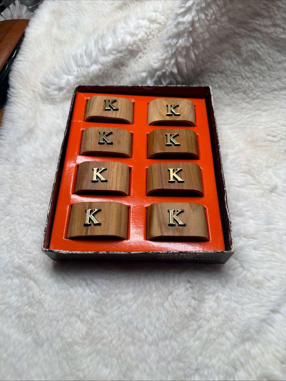 Vintage Rustic Wooden Napkin Rings with Gold 'K' Accent - Brown Set of 8